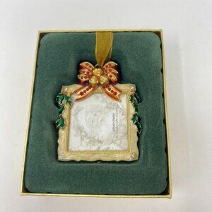 Costco Jeweled Gold Tone Picture Frame Square Ornament Red Bow Ivy Christmas. J2